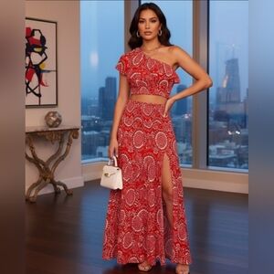 Free People Flowy Red White Floral set ruffled one-shoulder top Skirt Size XS